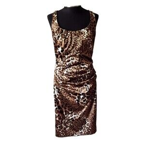 Suzy Chin NWOT Leopard Print Satin Stretch Sleeveless Pencil Dress, Size 6